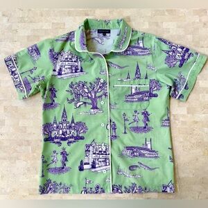 KATIE KIME New Orleans Toile Pajama Top Sz XS Green Purple Cotton PJs Mardi Gras